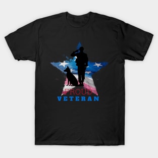 Proud Veteran with Star American Flag Soldier and Dog T-Shirt